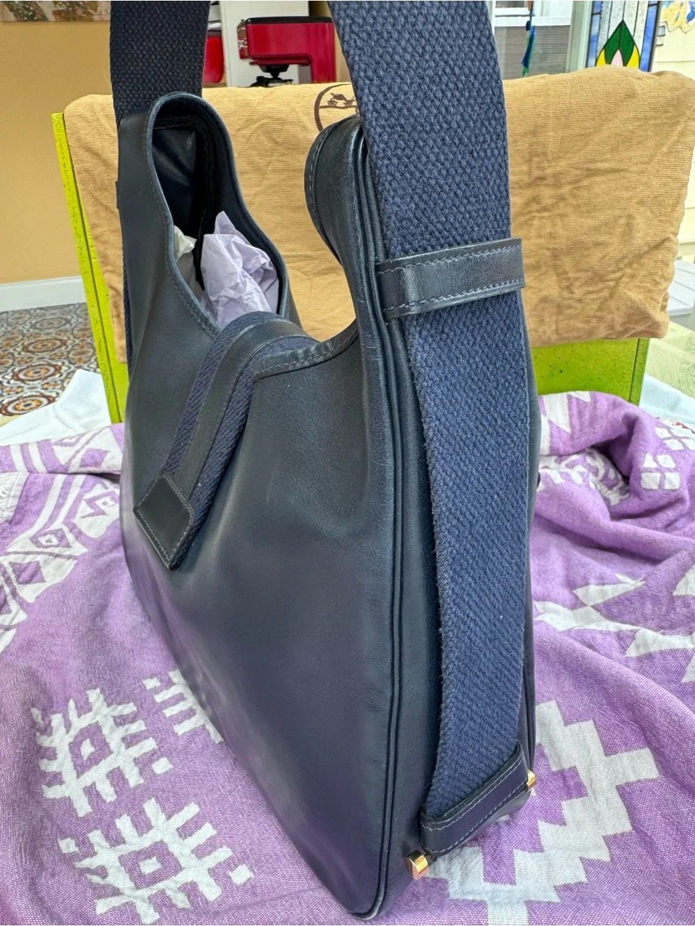 Hermes Tsako Vintage Navy Blue Leather Shoulder Bag